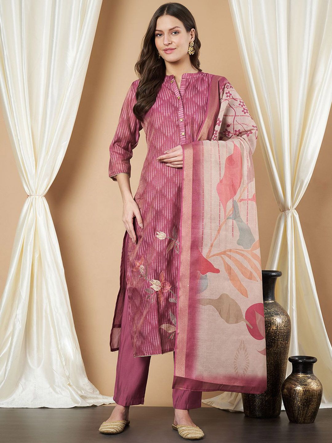 Label Khoj Women's Gajari Chanderi Button Embellished Kurta with Pant and Gajari Dupatta