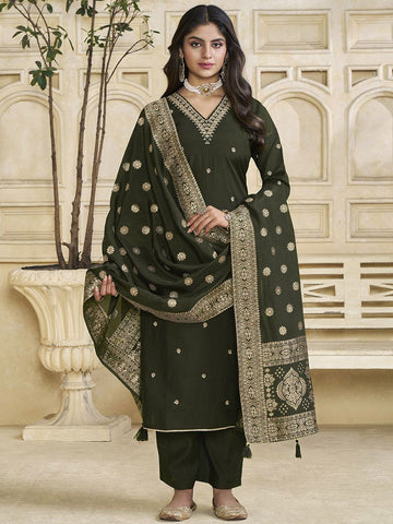 Label Khoj Women Roman Silk Embroidery  Work Mehndi Color Kurta & Bottom With Dupatta  Set