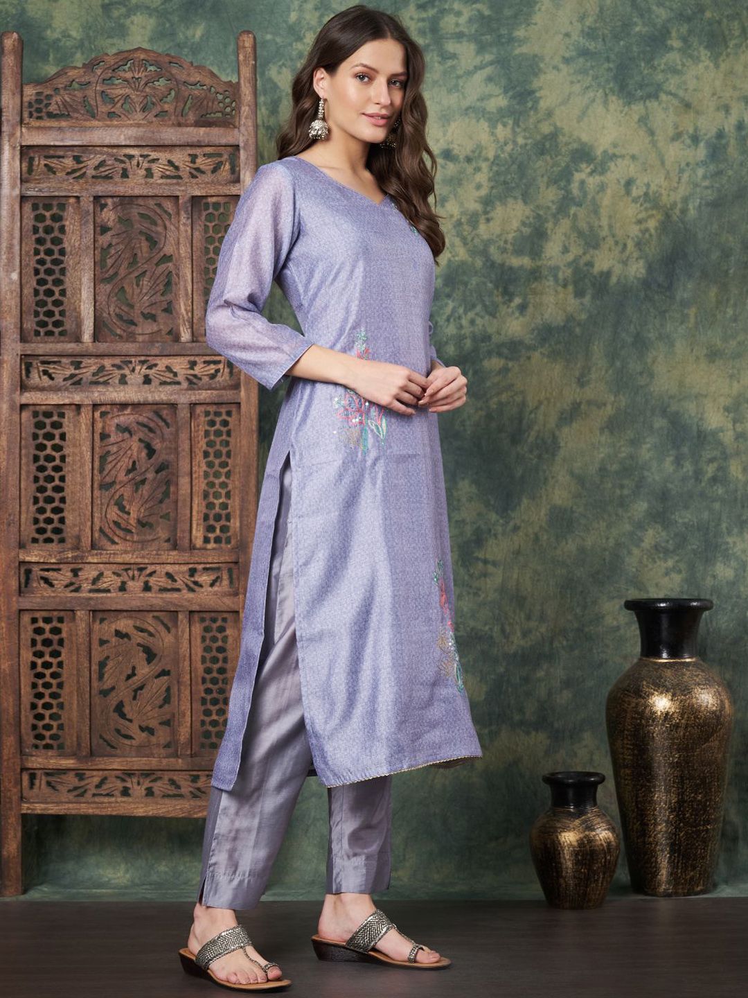 Label Khoj Women's Grey Chanderi Embroidered Kurta with Pant and Grey Dupatta