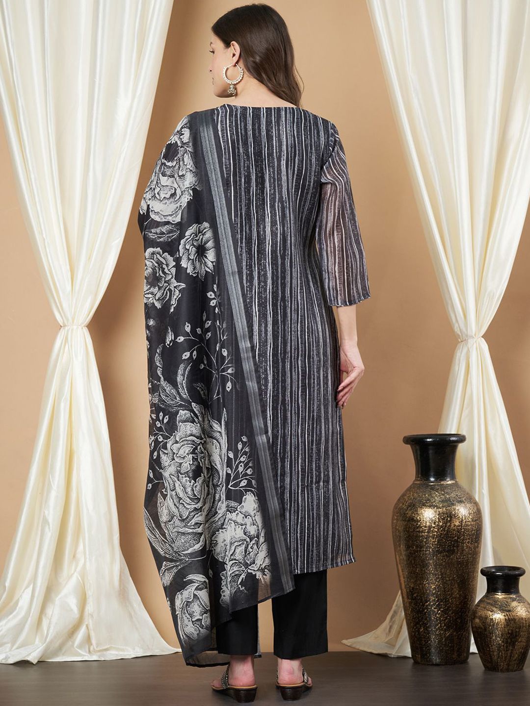 Label Khoj Women's Black Chanderi Embroidered Kurta with Pant and Black Dupatta