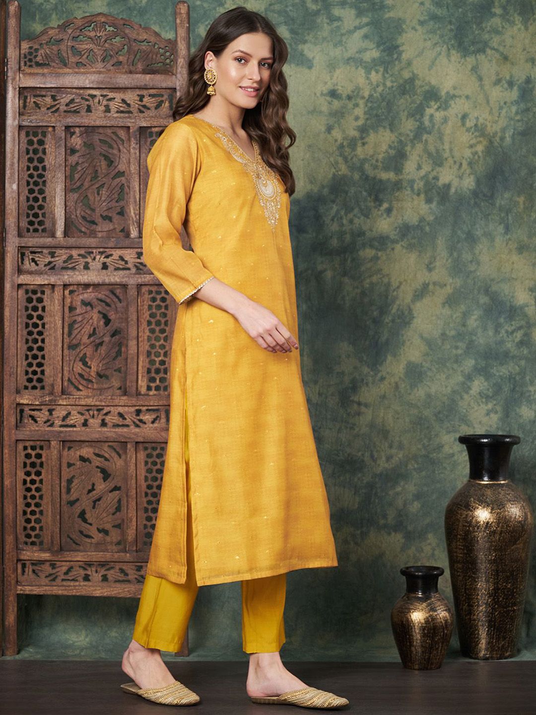 Label Khoj Women's Mustard Chanderi Embroidered Kurta with Pant and Mustard Dupatta