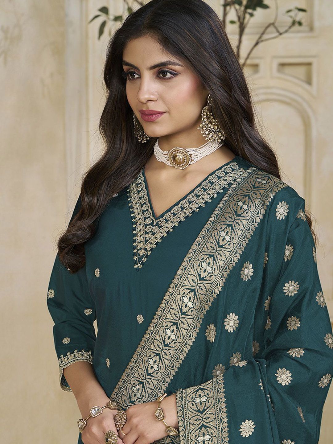 Label Khoj Women Roman Silk Embroidery  Work Firoji Color Kurta & Bottom With Dupatta  Set