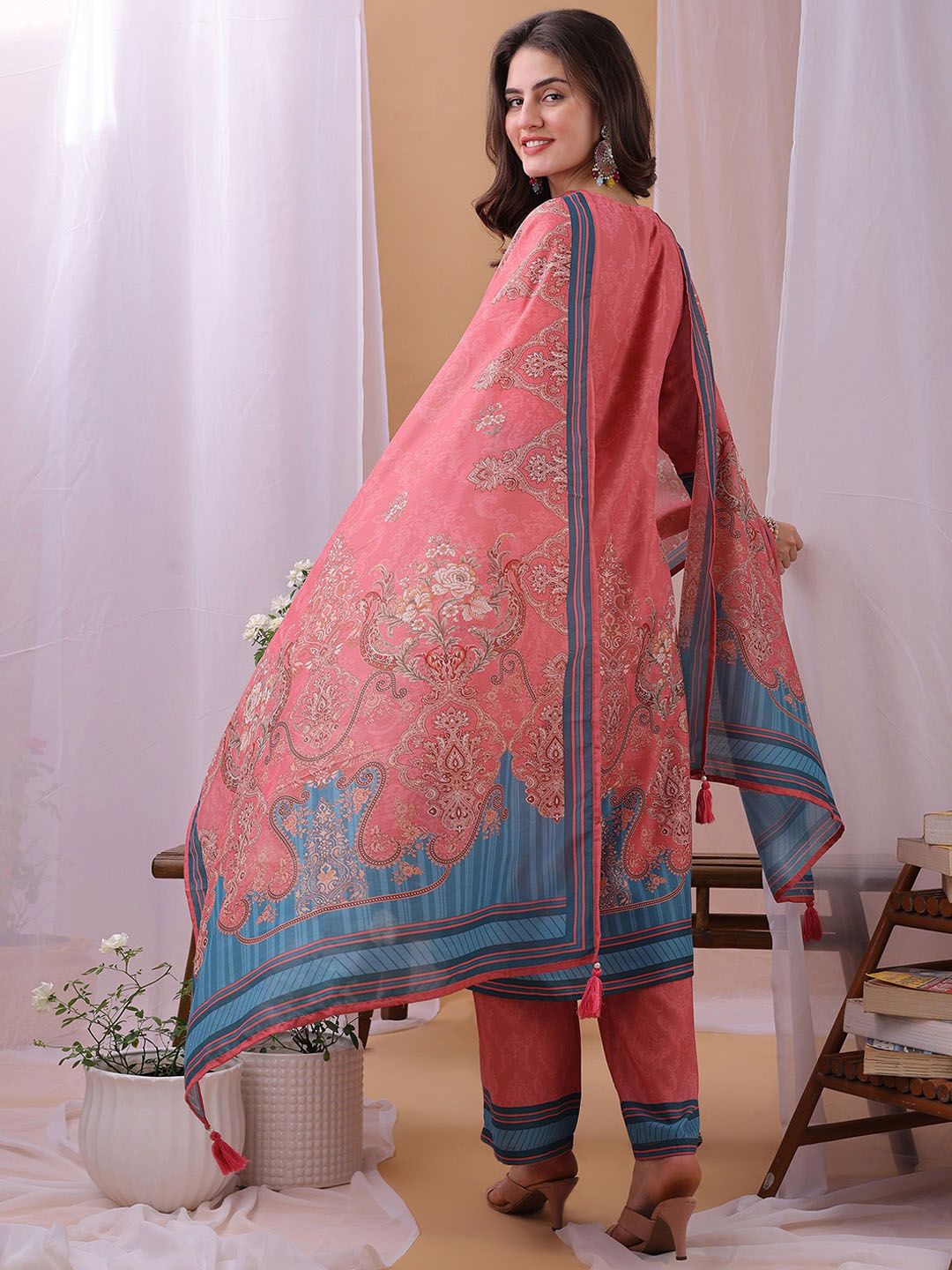 Label Khoj Women's Gajari Silk Blend Handwork Kurta with Pant and Gajari Dupatta