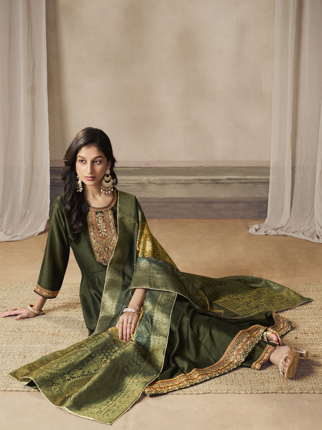 Label khoj Beautiful Anarkali kurta With Pant and Dupatta Set mahndi Color
