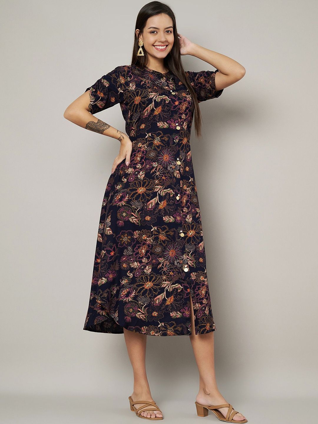 Label Khoj Women's Blue Rayon Floral Printed Midi Dress