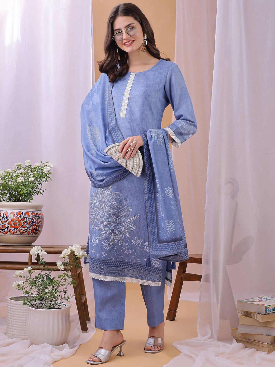Label Khoj Women's Blue Linen Digital Printed With Stone Work Kurta with Pant and Blue Dupatta