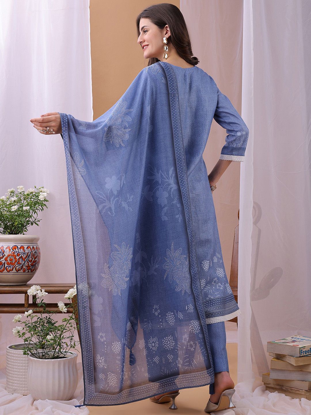 Label Khoj Women's Blue Linen Digital Printed With Stone Work Kurta with Pant and Blue Dupatta