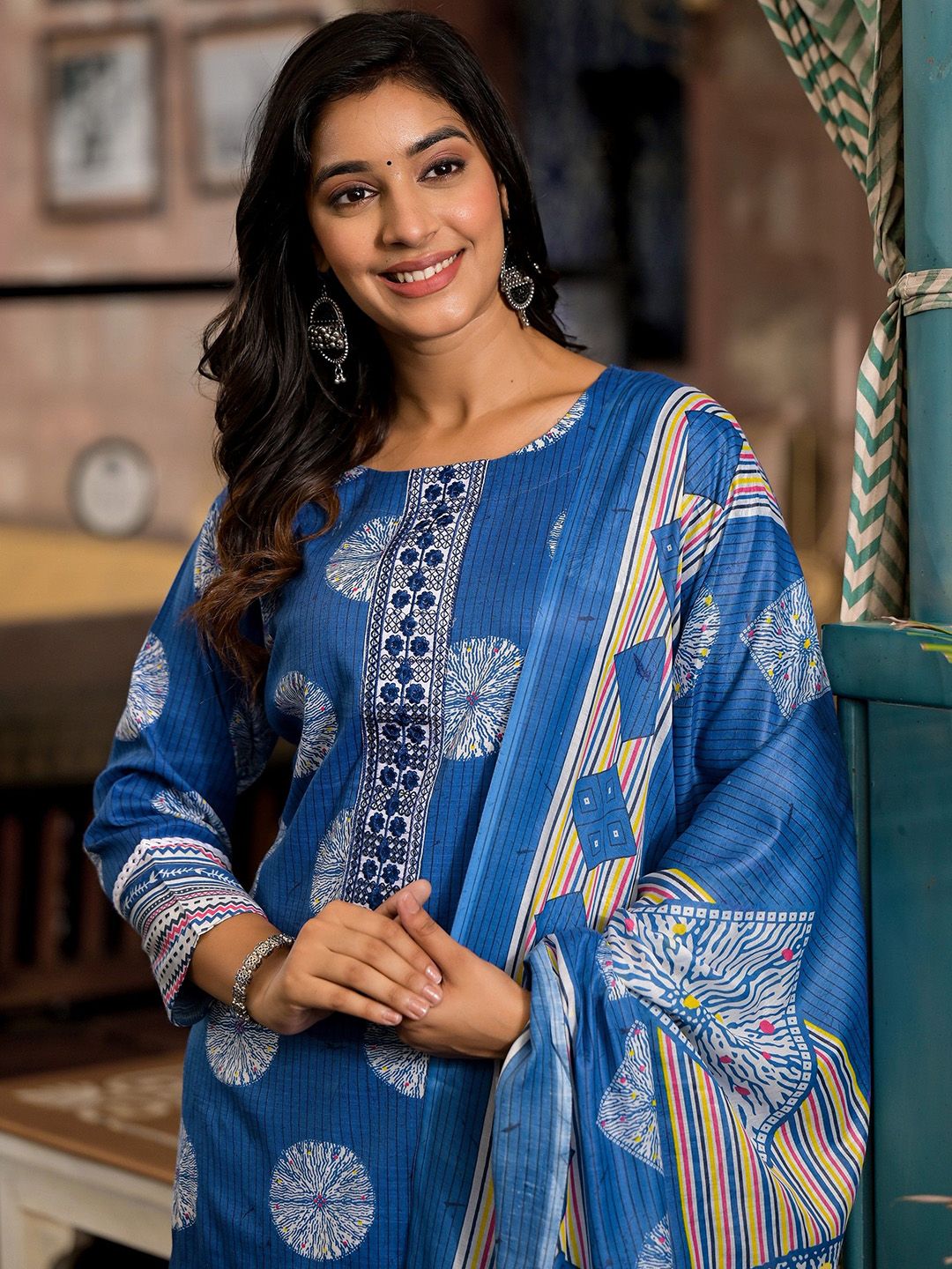 Label Khoj Women Cotton Printed Kurta And Trouser With Dupptta Set Cotton Blue Color