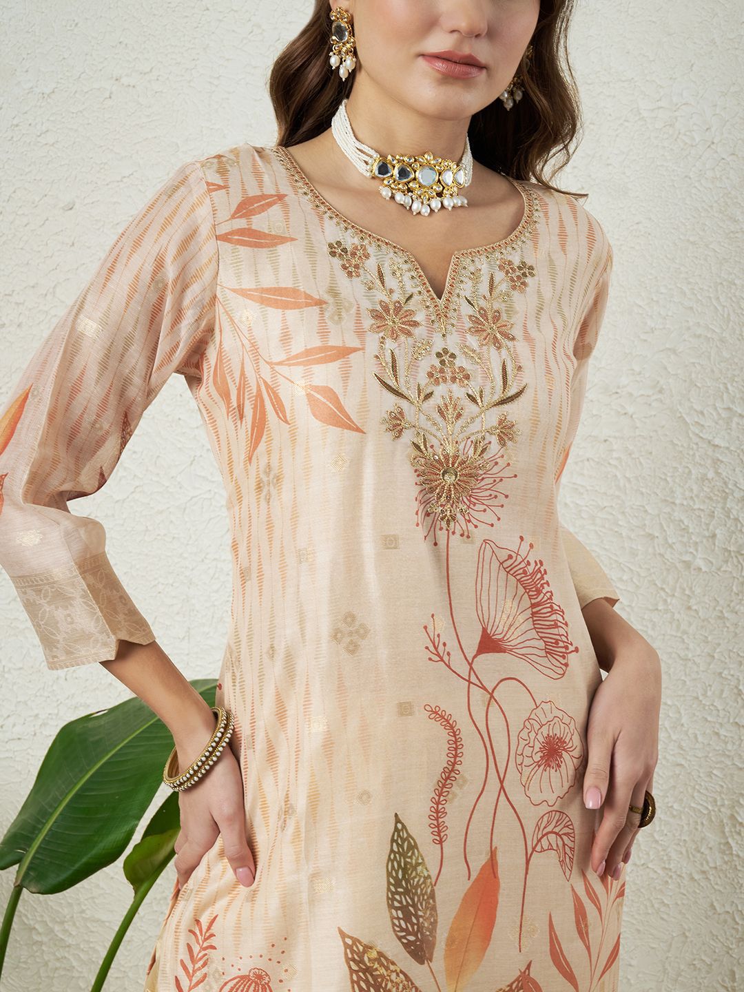Label Khoj Women Silk Jacqured  Embroidery  Work Cream Color Kurta & Bottom With Dupatta  Set