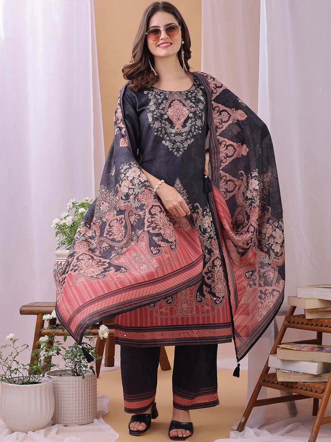 Label Khoj Women's Dark Grey Silk Blend Handwork Kurta with Pant and Dark Grey Dupatta