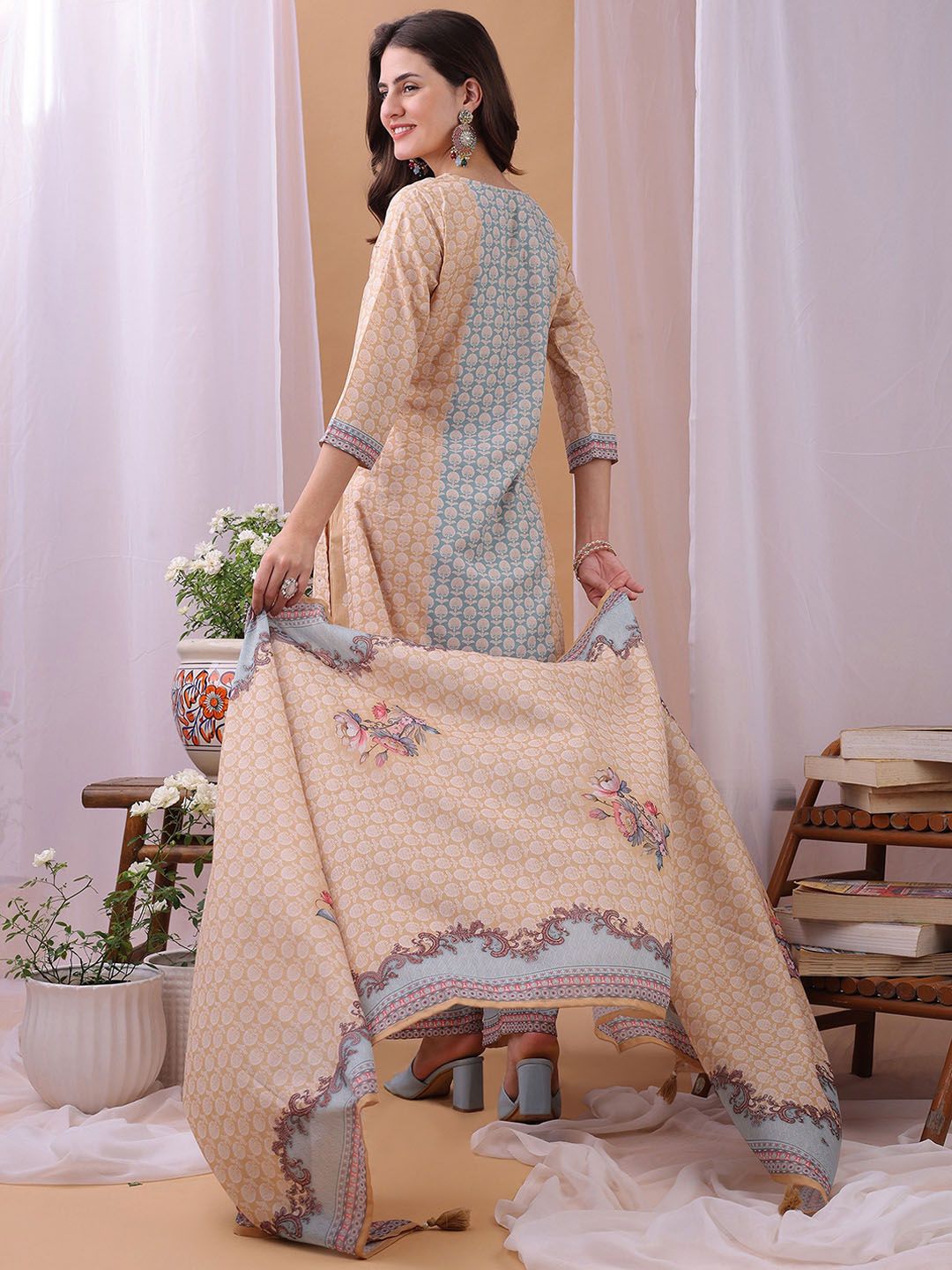 Label Khoj Women's Peach Silk Blend Handwork Kurta with Pant and Peach Dupatta