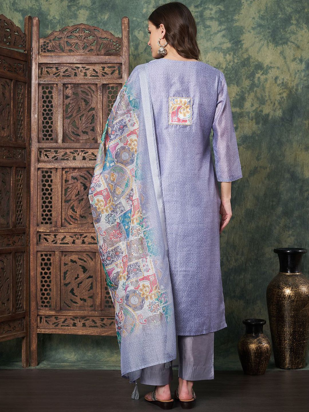 Label Khoj Women's Grey Chanderi Embroidered Kurta with Pant and Grey Dupatta
