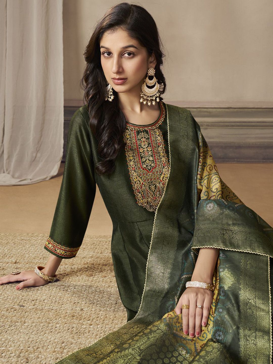 Label khoj Beautiful Anarkali kurta With Pant and Dupatta Set mahndi Color